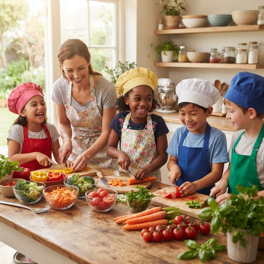 Children chopping fresh vegetables in a kitchen with an instructor