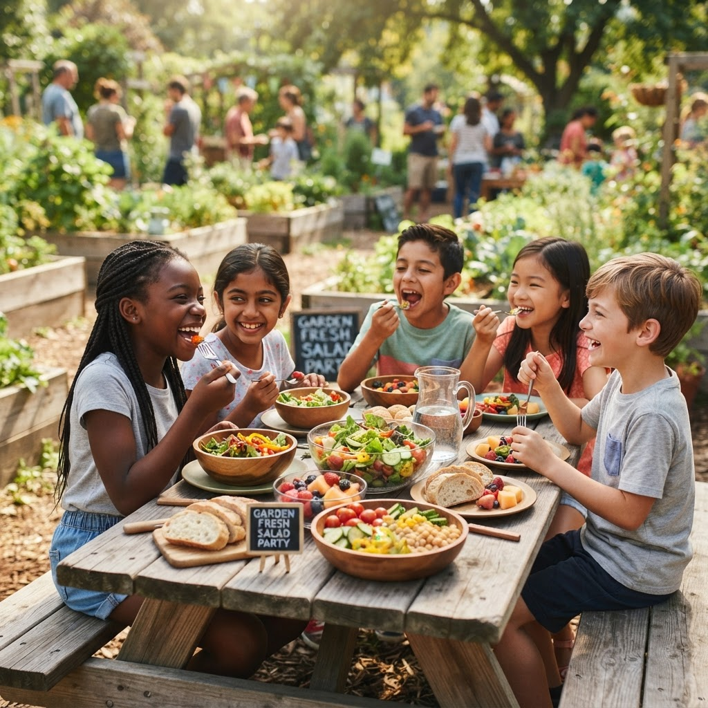 Children sharing a colorful, healthy meal they prepared together