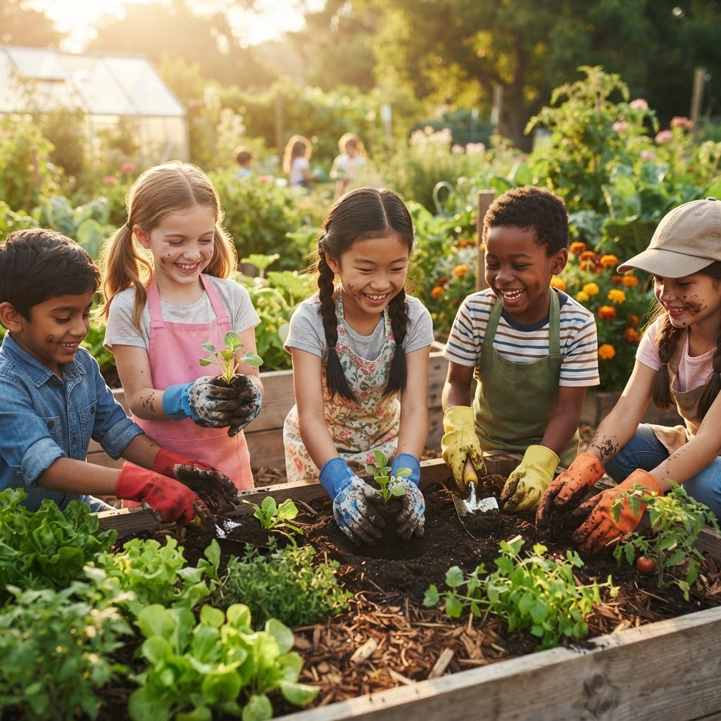 Children planting seedlings and digging in a raised-bed vegetable garden