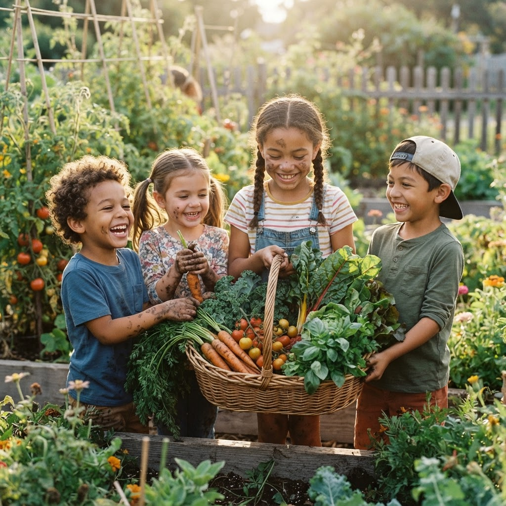 Children holding a basket of vegetables they harvested from the garden